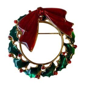 Vintage Christmas Wreath Brooch Pin With Red Bow & Green Holly
